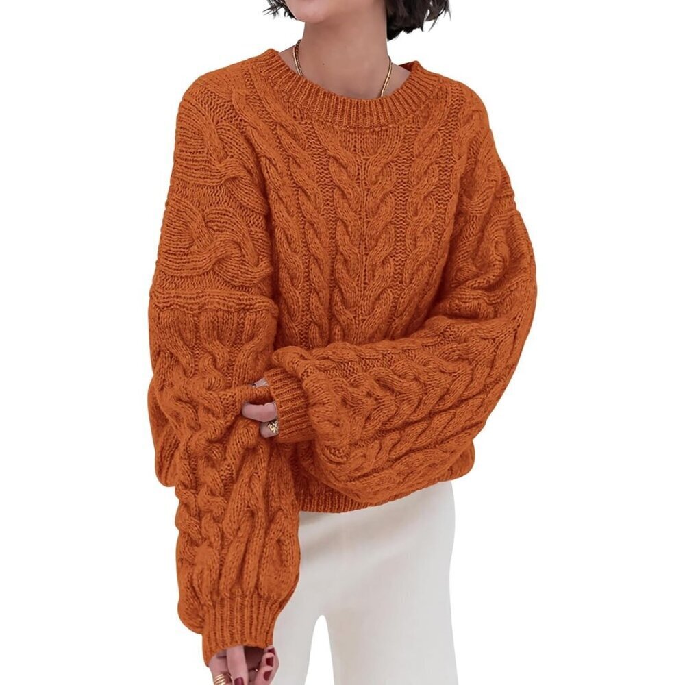 Women's Orange Spring Fall Cable Knit Long Sleeve Crew Neck Oversized Sweater